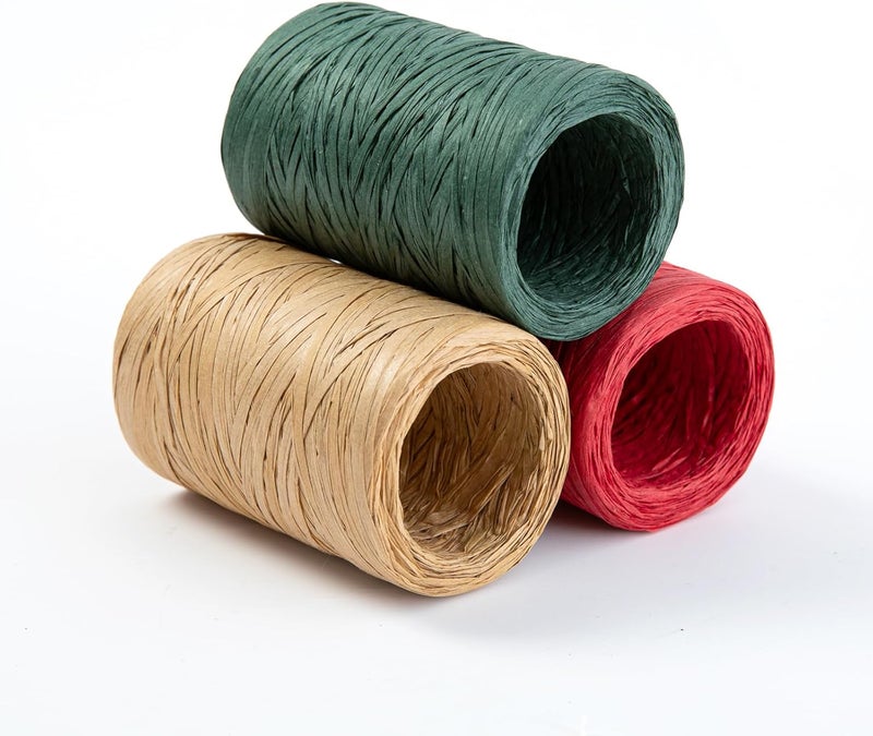 Jocomoni 3 Roll Raffia Ribbon 984ft Raffia Paper Ribbon Red Green Kraft Raffia Paper Twine Wrapping Ribbon for Christmas Gift Wrapping DIY Craft Supply（328ft Each Roll） - Image 1